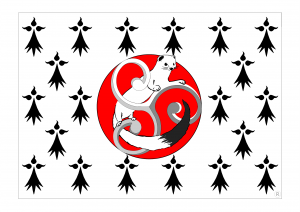Un drapeau blanc avec des taches d’hermine noires, avec une hermine blanche assise sur un triskellion gris dans un cercle rouge au centre.