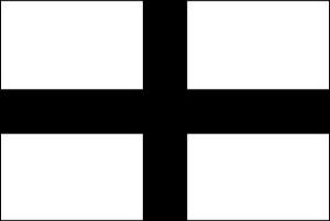 Le drapeau est le Kroaz du, qui signifie « croix noire » en breton. drapeau sur fond blanc avec une croix noir qui prend tout la longueur et la largueur